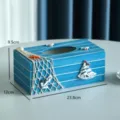 Portafazzoletti in legno in stile mediterraneo con decoro barca a vela e rete 23.8cm - Barca a Vela Blu