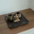 Set portacandela Buddha retrò cinese con vassoio in legno decorazione da scrivania - Set Portacandela Testa di Buddha