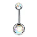 Stainless steel belly button ring with iridescent cubic zirconia double crystal gems navel piercing jewelry. - Iridescent Rhinestones