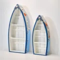 Set di scaffali barca in legno stile mediterraneo decorazione con rete e conchiglie - Blu Set di 2