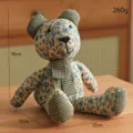Retro floral fabric teddy bear plush doll, cute handmade stuffed toy with dimension specs. - Yellow Background Blue Floral Bear