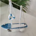 Mediterranean wooden sailboat ornament, blue white desktop mini model decor with net. - Small Lifebuoy Style / 11x14x2.7cm