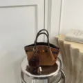 Brown suede tote bag with top handles, metal clasp lock and cute fur ball pendant charm. - No Pendant / 16x8x15 / Brown