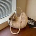 Fluffy plush hobo shoulder bag for women, cozy winter faux fur crossbody handbag chic. - With Pendant / Khaki