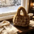 Bolso de mano de felpa marrón con perlas suave invierno piel sintética mujer elegante - Marrón