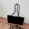 Black velvet shoulder tote bag, casual lightweight daily commuter handbag for women. - Black