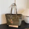 Large capacity olive green suede tote bag with double handles and chic buckle strap design. - With Pendant / Green