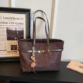 Dark brown large capacity shoulder tote bag, vintage suede texture fashion handbag. - With Pendant / Coffee