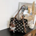 Bolso tote de lona con lunares negros para mujer gran bolso de hombro con oso tierno - Con Colgante / Negro