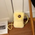 Yellow plush fuzzy crossbody phone bag for women, cute small winter fuzzy shoulder bag. - Light Yellow
