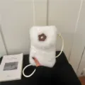 White faux fur crossbody phone bag with cute brown flower, trendy plush shoulder bag for women. - White
