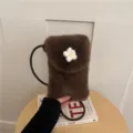 Brown plush mobile phone bag, cute furry crossbody shoulder bag with crochet daisy flower - Coffee
