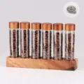 Wooden base glass test tube coffee bean display rack set with small funnel accessory. - 6-Hole High Style with Glass / 6 Holes / Walnut Color