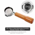 Close-up of 58mm espresso bottomless portafilter with solid wood handle and basket. - 58e61 Beech Wood Alloy