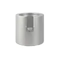 Aluminum coffee tamper stand detail view, showing the adjustable vertical slot and metal screw. - Style B / 51mm / Silver