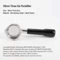 Detailed view of the 58mm 3-ear espresso machine portafilter with black plastic handle. - Black Handle