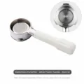 Detail view of 58mm coffee machine bottomless portafilter with ergonomic white plastic handle. - White Handle