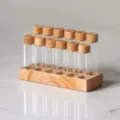 Wooden base glass test tube coffee bean display rack set with natural wooden lids for home. - 12-Hole Mixed Height Style with Glass / 12 Holes / Natural Wood Color