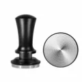 Adjustable coffee tamper detail showing stainless steel base with concentric circles and scale. - Threaded Base / 51mm / Black