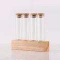 Support de présentoir à grains de café en tube de verre avec base en bois et couvercle. - Mini Carré Style 4 Trous / 4 rangs / Couleur bois naturel