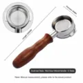 Detail view of the 58mm coffee portafilter with solid wood handle, 304 stainless steel basket. - Double Ear Bottomless Handle / Stainless Steel & Red 酸枝 Wood