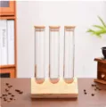 Glass coffee bean storage tube set with wooden stand and lids for kitchen organization. - 3 Test Tubes + Straight Display Rack (Right Angle)