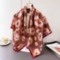 Close-up detail of the elegant leopard print square silk scarf, showing smooth fabric and neat edge. - 90x90cm / Caramel Brown (FM317-3)