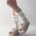 Cute Japanese lolita leg warmers with fuzzy pom-poms, soft knitted winter slouch socks. - One Size / White