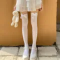 White over-the-knee socks for women Lolita cute bow stockings sweet thigh high hosiery - One Size / Velvet Style / Velvet White