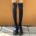 Black Lolita over-the-knee socks with cute bows and platform shoes variant for sweet girls style. - One Size / Velvet Style / Velvet Black