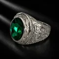 Men vintage wide silver ring with large oval green gemstone and intricate carved filigree details. - Silver Green Stone