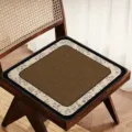Mid-century faux linen dining chair cushion, vintage floral border seat pad, brown. - Inner Branch Brown (Square)