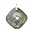 Close-up of square labradorite pendant with blue gemstone inlay and gold bail detail. - Labradorite
