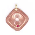 Natural stone square peace buckle pendant with sparkling cubic zirconia and red gem accent. - Strawberry Quartz