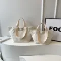 Leinwand Tragetasche Set, minimalistische beige bestickte grosse und kleine Handtasche Alltag. - L / Gebrochenes Weiß