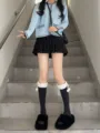 Japanese fleece-lined mid-calf socks with white plush cuffs and cute pom-pom details for autumn and winter. - One Size / Black - Terry Pom Pom Calf Socks