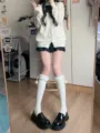 Japanese fleece-lined winter knee-high socks with cute white pom-poms for daily JK wear. - One Size / Off-White - Terry Pom Pom Calf Socks