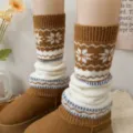 Fair Isle knitted wool leg warmers, cozy winter boot cuffs in brown and white design. - One Size / Khaki