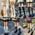 Fleece-lined over-the-knee socks with pom poms, warm winter JK knit stockings in solid colors. - One Size / Over-the-Knee Black + Calf Black [2-Pair Pack]