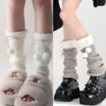 Japanese autumn winter pom-pom tie leg warmers, cute JK style knitted pile socks white grey - One Size / 2 Pairs Pack / White+Grey