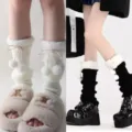 Japanese style winter leg warmers with fuzzy pom-poms and cute drawstrings, stylish JK knit cuffs. - One Size / 2 Pairs Pack / White + Black