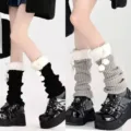 Japanese autumn winter furry leg warmers cute pompom stack socks JK style warm basic socks - One Size / 2 Pairs Pack / Black + Gray