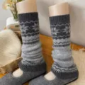 Grey Fair Isle knit leg warmers for women, cozy winter thermal slouch socks and boot cuffs. - One Size / Gray
