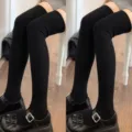 Black ribbed over the knee socks, warm knitted high tube JK style stockings for women winter. - One Size / 2 Pairs / Black