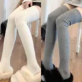 Knit over-the-knee high tube socks for women, vertical striped warm winter stockings in classic colors. - One Size / 2 Pairs Total / White + Gray