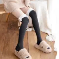 Japanese style winter warm over-the-knee knit socks with fluffy faux fur cuffs and cute pompoms - One Size / Black - Terry Pom Pom Over-the-Knee Socks