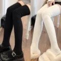 Women over the knee knit socks, vertical striped warm winter JK long stockings, black and white. - One Size / 2 Pairs Total / Black + White