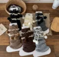 Knitted leg warmers for women, winter warm JK Lolita style slouch socks with lace and pom-poms. - One Size / Khaki