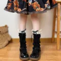 Black knit leg warmers with white lace ruffle and bows, Japanese JK Lolita style slouch socks. - No Packaging / Black