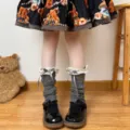 Grey knitted leg warmers with white lace ruffles and cute bow for sweet JK Lolita style. - No Packaging / Gray